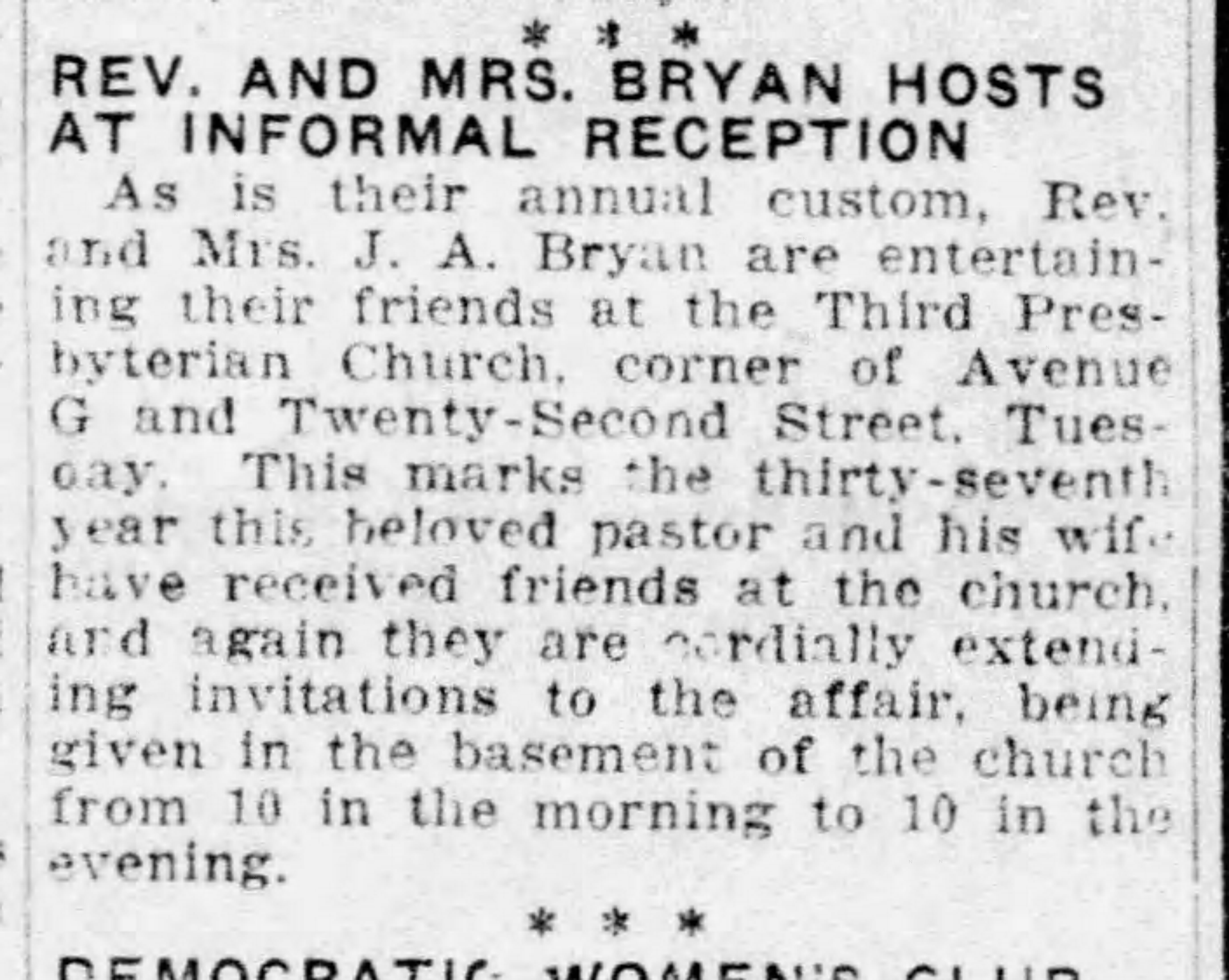 Rev. and Mrs. Bryan Hosts At Informal Reception